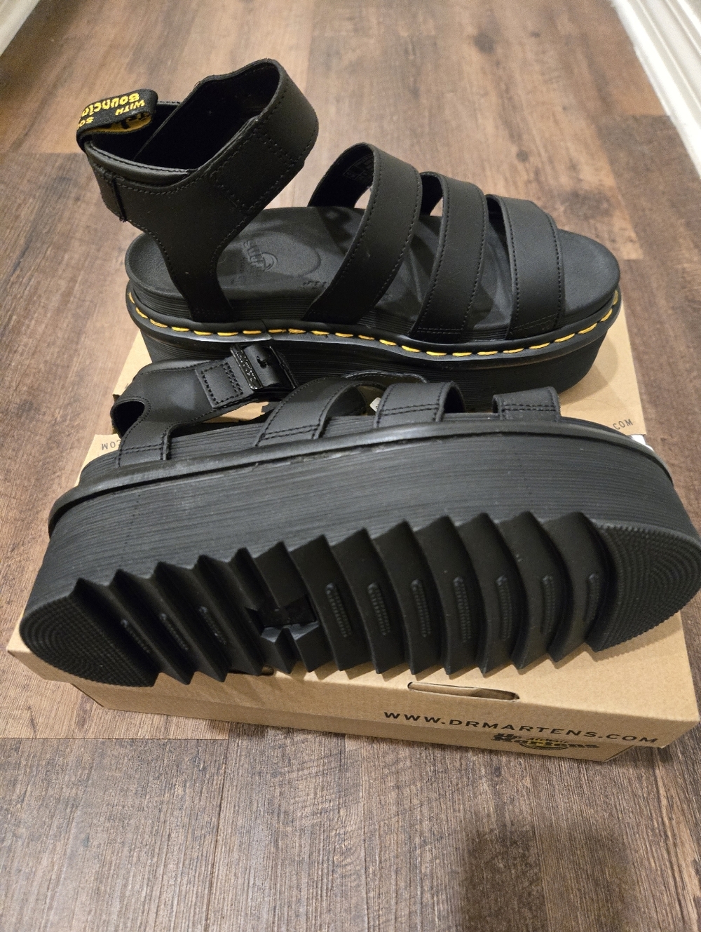 Dr. Martens Black Platform Strappy Sandals with Yellow Stitching. Size 8. NWOT.